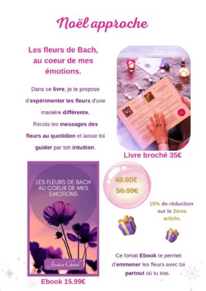 Affiche vente livre - offre Noel 2025 Offre de Noël - Plaisir d'offrir - Les fleurs de Bach au coeur de mes émotions.